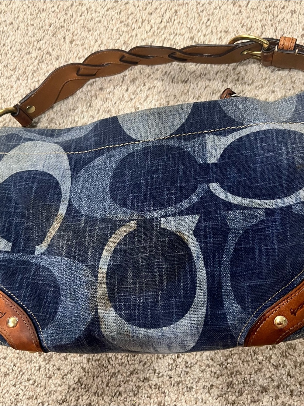 Vintage Coach Denim Carly Logo-Print Shoulder Bag in Navy and Tan - Picture 3 of 11